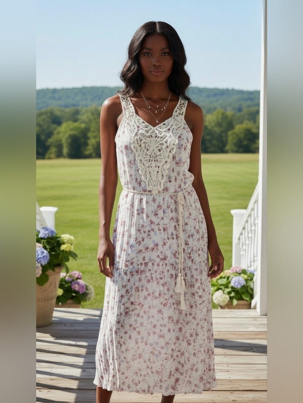 Rare Editions White Pink Floral Maxi Dress Crochet Lace Bodice Sundress Sz 16